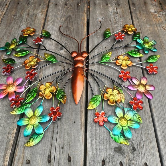 17.5" Metal Flower Butterfly With Acrylic Jewels, Wall Hanging, Wall Decor - Picture 3 of 3